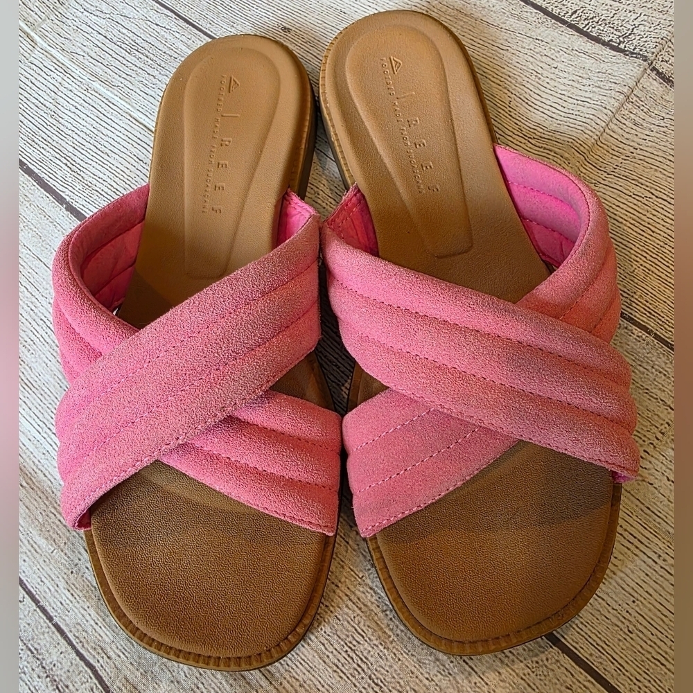 Reef Women's Size 8 Pink Lofty Lux X Slide Sandals Leather Comfortable Footbed